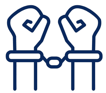 Illustration of two hands in handcuffs, fists clenched.