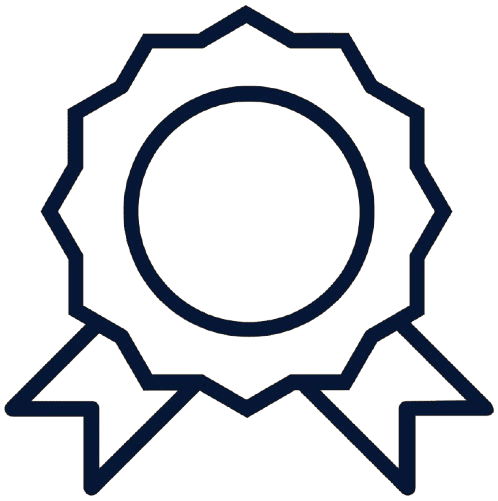 Outline of a ribbon badge with a circular center and two ribbon tails.