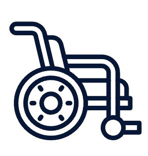 Simple outline illustration of a wheelchair facing right.
