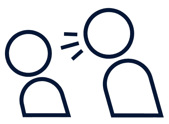 Two stylized figures, one facing the other, with sound lines indicating the action of speaking or whispering.