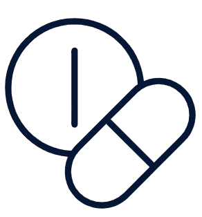Outlined icons of a round tablet and a capsule pill, depicted in a dark color, overlapping each other on a light background.