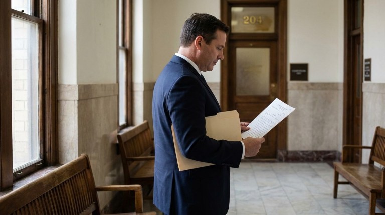 suited attorney reviewing legal documents outside courtroom 204 hallway