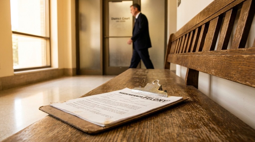 Misdemeanor felony document on clipboard resting on courthouse bench near District Court