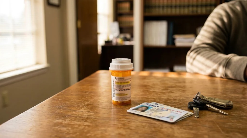 prescription pill bottle, Texas state ID card, and car keys on wooden desk